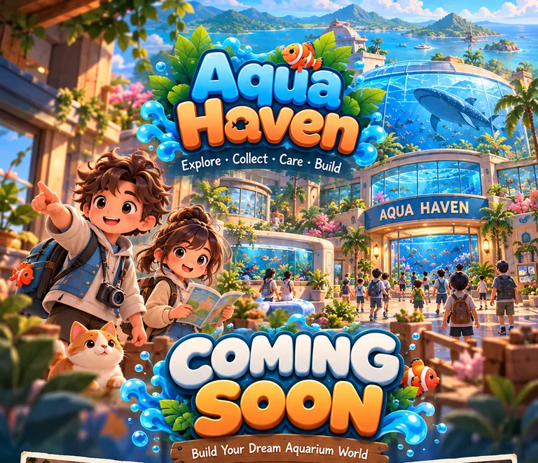 Aqua Haven poster: two kids and a cat outside a large aquarium