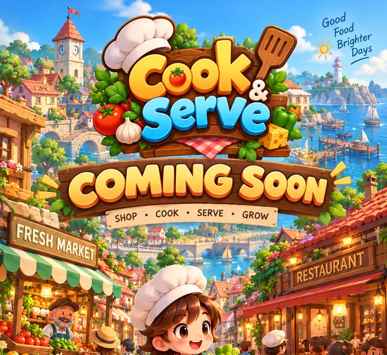 Cook & Serve poster: a young chef carries a crate of vegetables through a market street