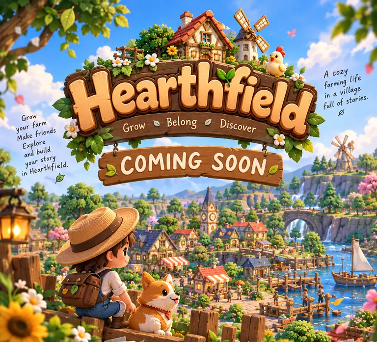 Hearthfield poster: a farmer in a straw hat and a corgi look out over a village by the sea