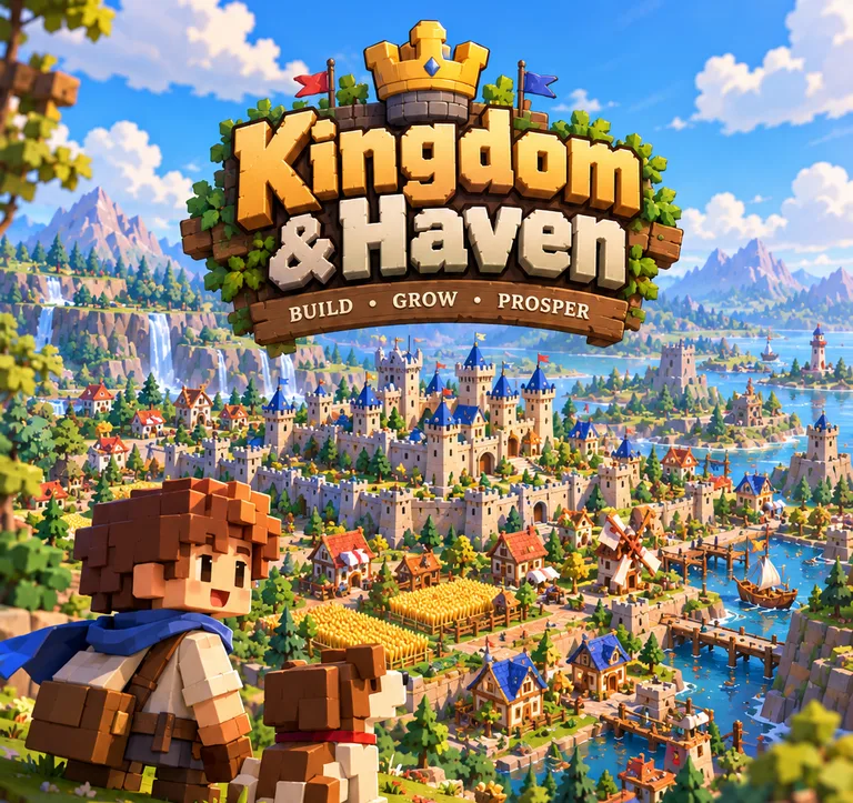 Kingdom & Haven poster: a blocky adventurer and dog overlook a castle town