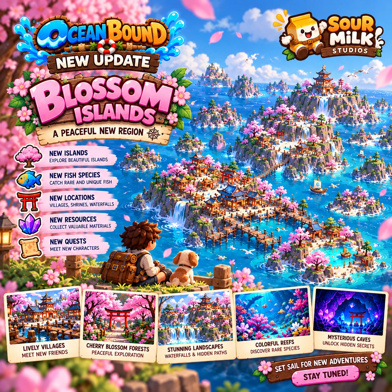 Ocean Bound new update poster: Blossom Islands, a region of cherry blossom islands, shrines and waterfalls