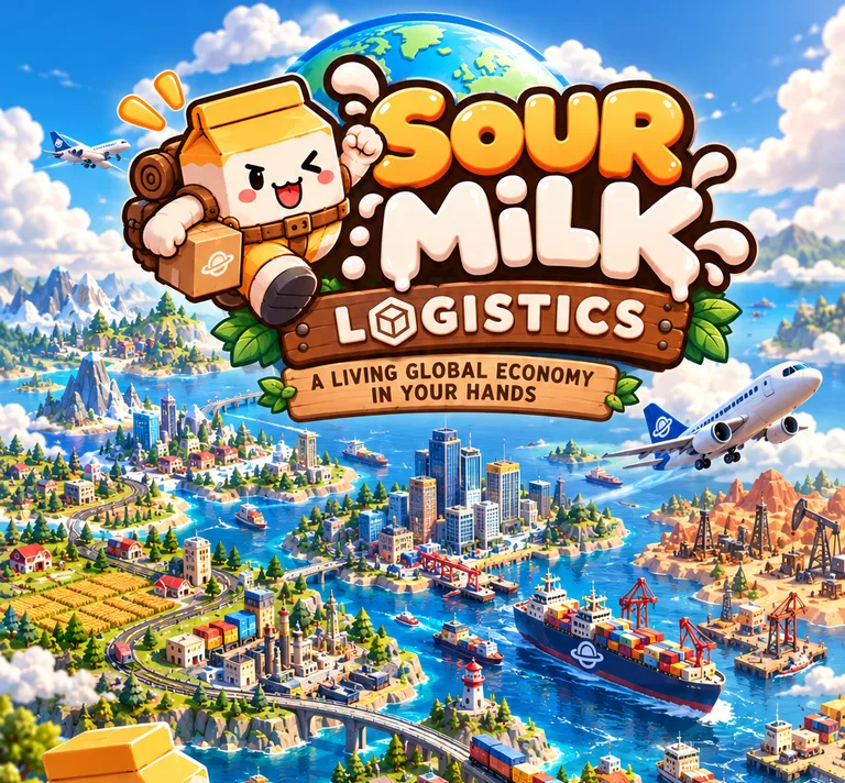 Sour Milk Logistics poster: the Sour Milk mascot with a map and a dog overlook islands linked by cargo ships, trains and planes