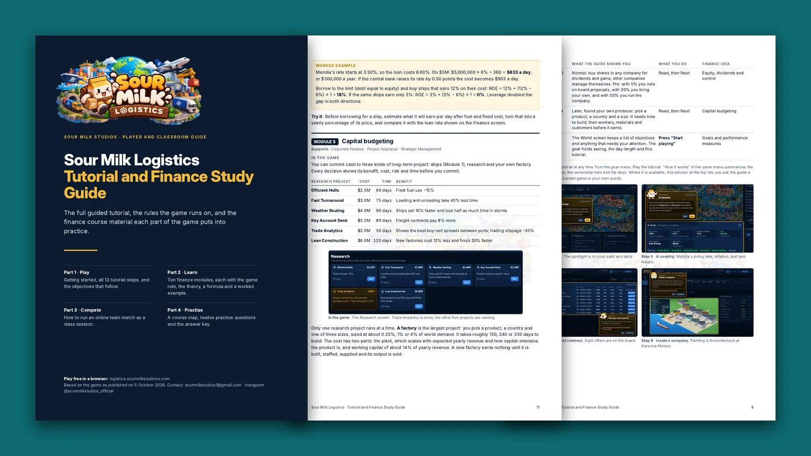 The cover and two inside pages of the Sour Milk Logistics tutorial and finance study guide