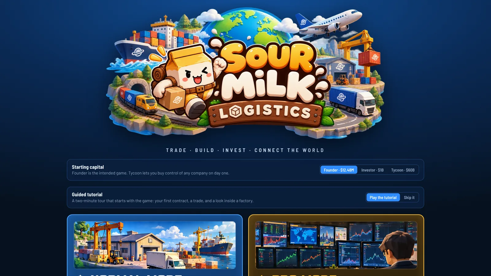 Sour Milk Logistics title screen with the choice between Normal mode and Pro mode