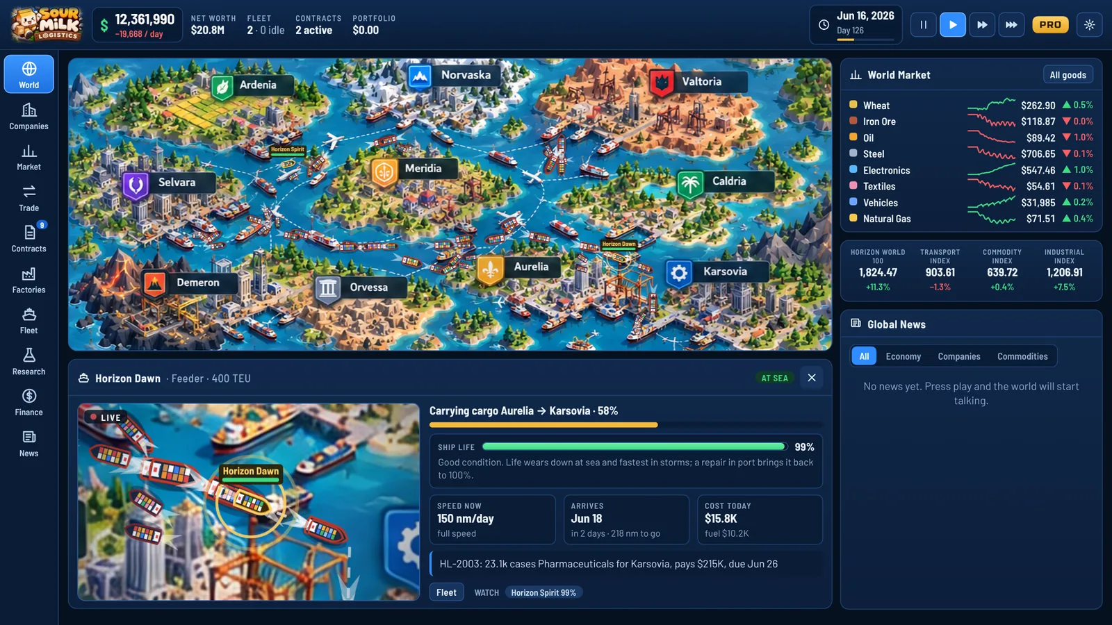 Sour Milk Logistics world map with ten islands, cargo ships at sea and a live view following one ship