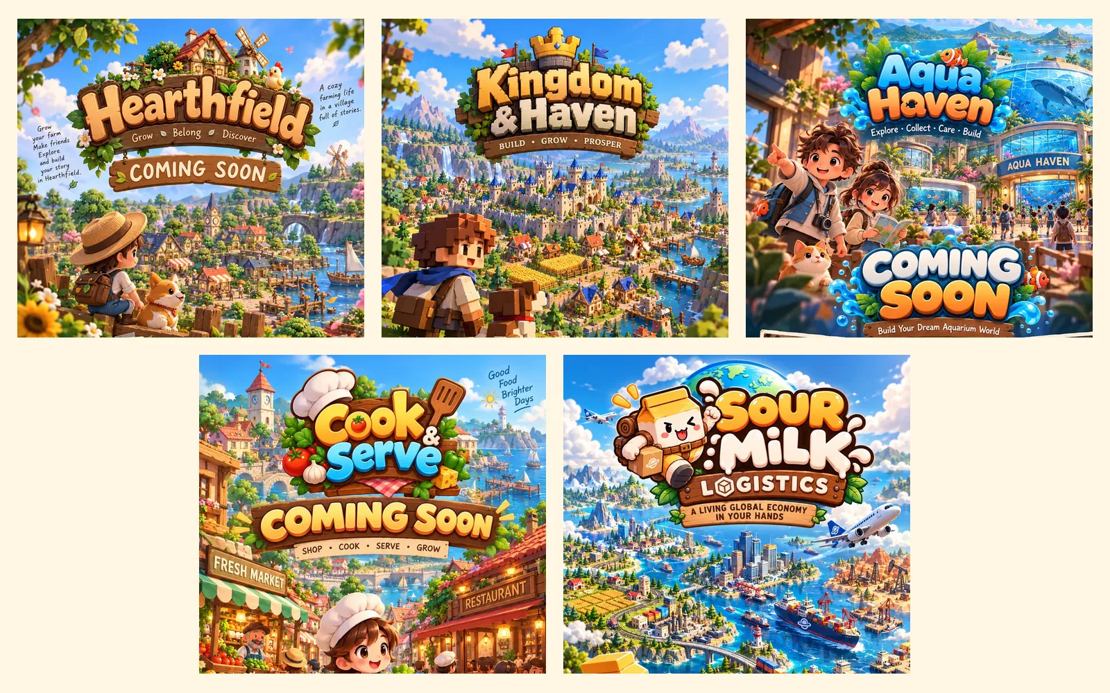 Poster art for five upcoming Sour Milk Studios games: Hearthfield, Kingdom & Haven, Aqua Haven, Cook & Serve and Sour Milk Logistics